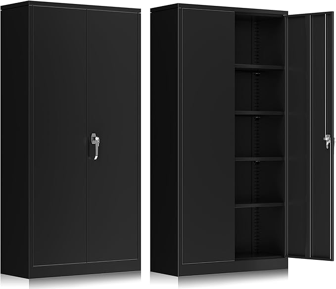 72-Inch Metal Storage Cabinet for Garage, Lockable Steel Cabinet with Doors and Adjustable Shelves, Black Locking Storage Unit for Office, Home, Gym, and School.