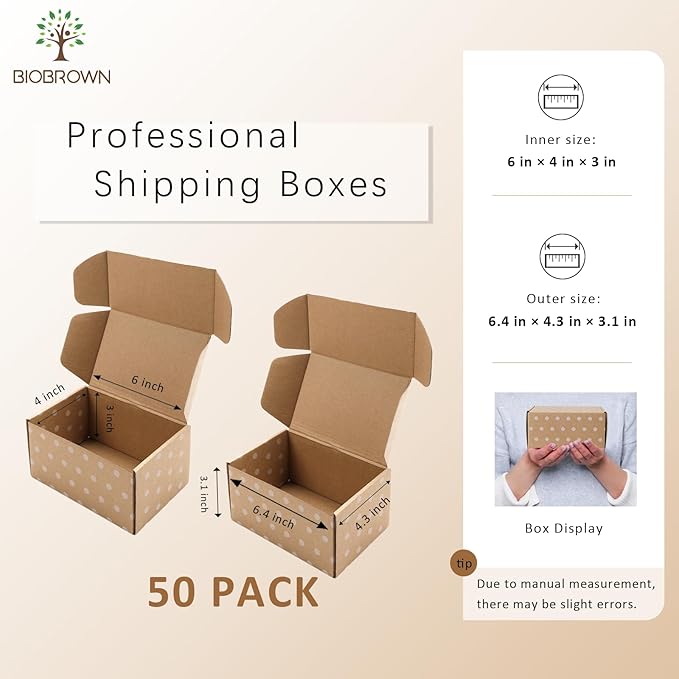 BIOBROWN 6x4x3" 50 Pack Corrugated Cardboard Boxes Small Shipping Box for Packaging Small Business Mailer Mailing Kraft Dots