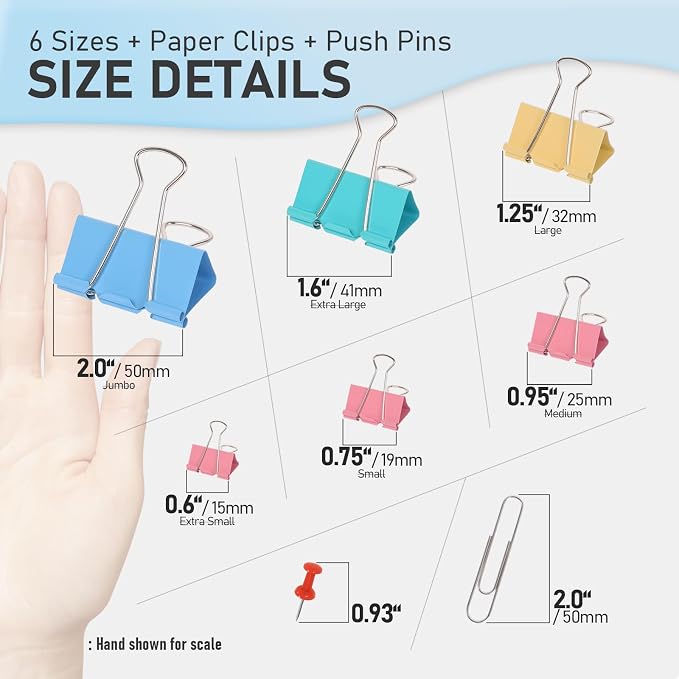 408 PCS Binder Clips Paper Clamps Assorted Sizes and Push Pins, Binding Paperwork Clamp Bulk, School Teachers Office Supplies (Multicolor)