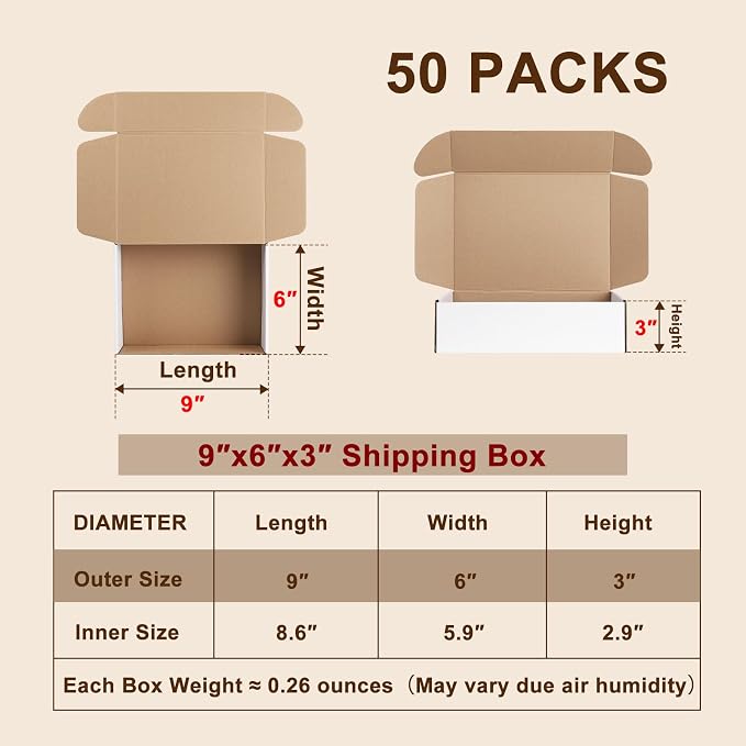 9x6x3 Inches Shipping Boxes Set of 50, White Corrugated Cardboard Boxes, Mailer Boxes for Small Business