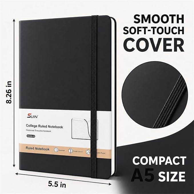 Hardcover-Journal-Notebooks, A5 Lined Journals Notebook for Writing 200 Pages, 8.2 x 5.5 inch, Classic Ruled Notebooks for Work/Travel/College (Black- 1 Pack)