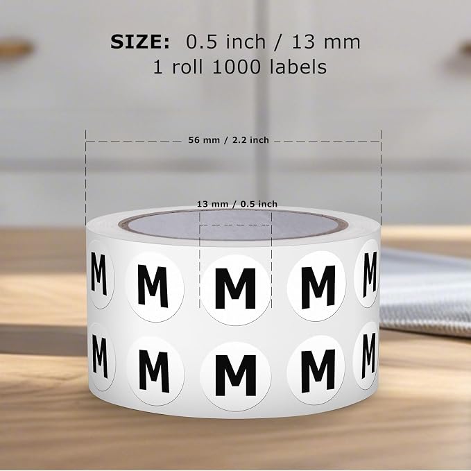 Letter M Stickers 0.5 Inch Vinyl Round Alphabet Label 1000 PCS | Self-Adhesive, Removable, Waterproof, Circle Capital Dots Tags, for Home Office Inventory Classroom