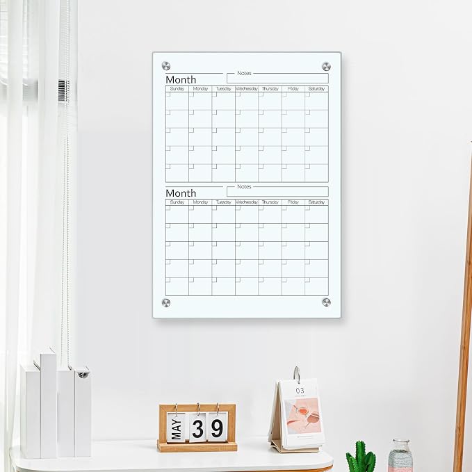 Glass Whiteboard Calendar Dry-Erase White Board Planner Glass Large Wall Mounted Calendar with Marker Tray for Wall Home or Office(Transparent,24" X 18",2 Month)