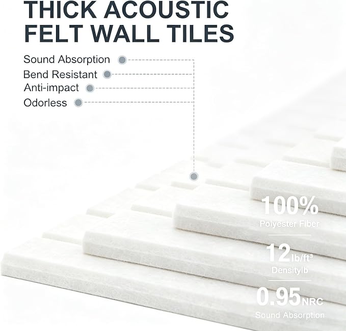 0.47" Thick Felt Pin Board 48"x36" Large Cork Board Alternative 12 Pack 11.81"x11.81"Felt Bulletin Board Wall Tiles Notice Board with 60 Pushpins for Home Office School(Fine-White)