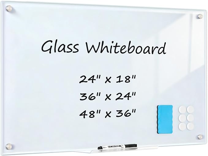 Tempered Glass Whiteboard 24" x 18" Magnetic Glass Dry Erase Board | (2’ x 1.5’) Small Wall Mounted Glass White Board with Acrylic Pen Tray for Office, Home, School
