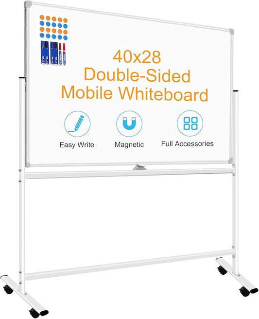 Mobile White Board with Stands 40"x28", Double-Sided Rolling Whiteboard on Wheels Magnetic Dry Erase Board with Stand Portable Standing White Board for Classroom, Office, Home