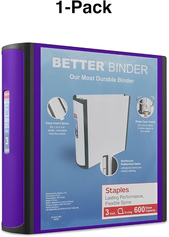 Staples Better 3-Inch D-Ring Binder, Purple – Heavy-Duty 3-Ring Binder for School & Office Storage