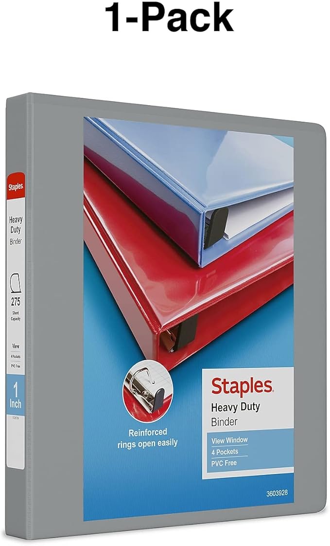 Staples Heavy-Duty 1-Inch D-Ring View Binder, Reinforced Spine, Holds Up to 275 Sheets, Gray, for Office & School