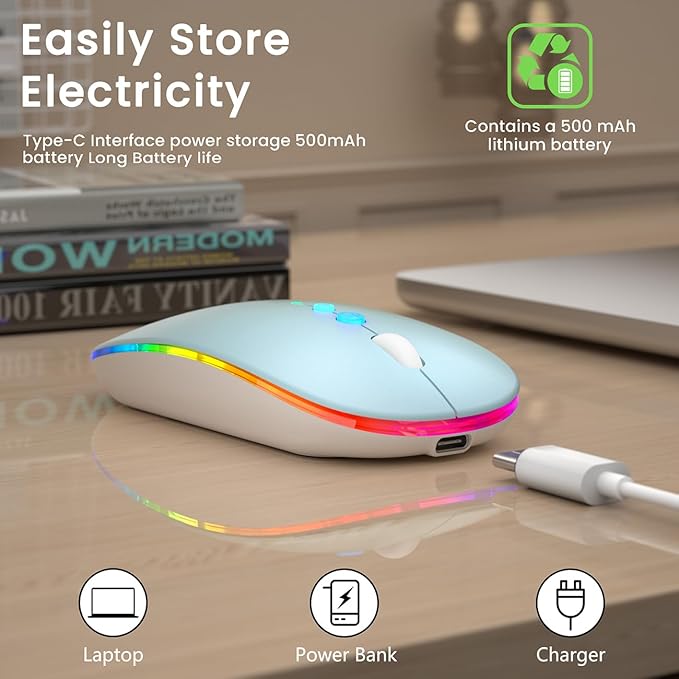 LED Wireless Mouse A100S Rechargeable Portable Silent Mouse with Optional USB and Type-C Receiver 3-Speed Adjustable DPI for PC/Mac/Laptop (Frosted Blue)