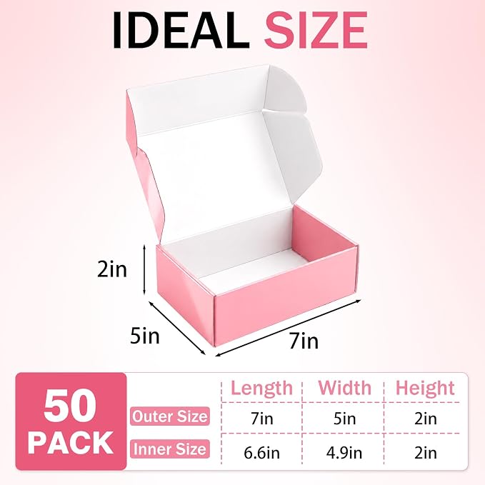 50 Pack Pink Shipping Boxes, 7x5x2" Cardboard Mailing Boxes for Shipping Small Business, Bulk Packing Boxes