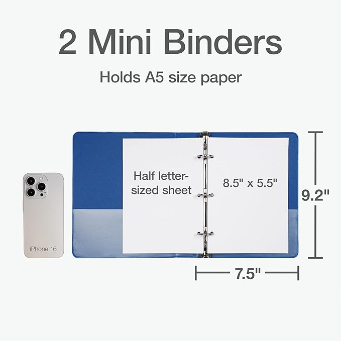 Oxford Mini View Binders, 1" Round Rings, Small Binders for School or Office, Holds A5 Size Paper, 2 Clear Pockets, PVC-Free, Non-Stick, 5.5 x 8.5 inches, Holds 225 Sheets, Blue, 2 Pack (1017045)