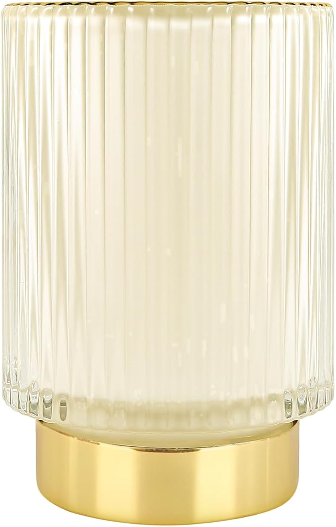 DASITON Makeup Brush holder Organizer,Crystal Cosmetic Makeup Brush Glass Brushes Storage Holder, Vintage Make Up Brush Cup Pen Pencil Holder striped vase(Cream L)