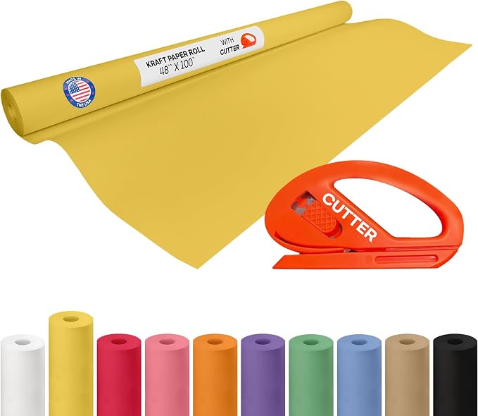 Yellow Kraft Paper Roll 48" x 1200" (100 feet) with Cutter - USA-Made Gift Wrapping Paper for Packing, Moving, Shipping & Crafts/Arts - 100% Recyclable Natural Craft Material by IDL Packaging | Gift Wrapping Paper for Packing, Moving, Shipping & Crafts...