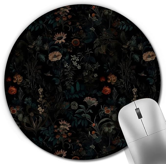 Dark Gothic Moody Floral Round Mouse Pad, Black Boho Mystical Exotic Botanical Flower Mousepad Mat for Home Office Computer Laptop Desk Accessories 7.9x7.9 in