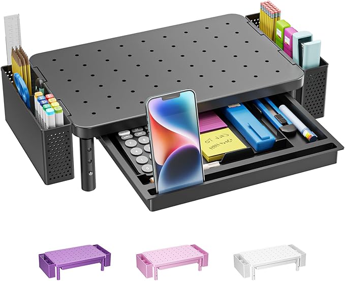 WALI Computer Monitor Stand with Storage and Pen Holder | 3 Height Adjustable Desk Organizer with Drawer, Laptop Monitor Riser for Computer, Laptop, Printer(PTT003-B), 1 Pack, Black