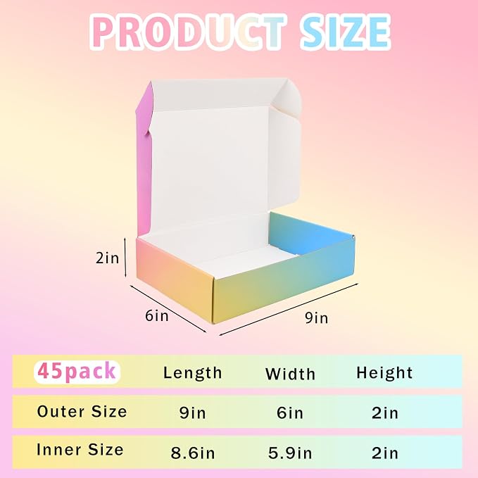 Shipping Boxes for Packaging 9x6x2", 45 Pack Colorful Corrugated Cardboard Boxes, Paper Mailing Boxes for Small Business
