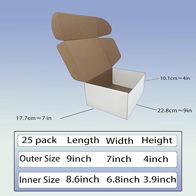 9x7x4 inch Shipping Boxes Set of 25， White Corrugated Cardboard Box Mailer Boxes for Packaging Small Business Shipping，Mailing Boxes Bulk for Birthday Wedding Party Book Literature Gift Giving
