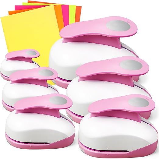 CHENGU 6 Pcs Circle Punch Set 3in/2in/1.5in/1in/0.6in/0.3in Scrapbook Hole Punchers Crafting with 10 Sticker Paper Round Cutter Scrapbook for Office Supplies DIY Albums Photos(Pink)