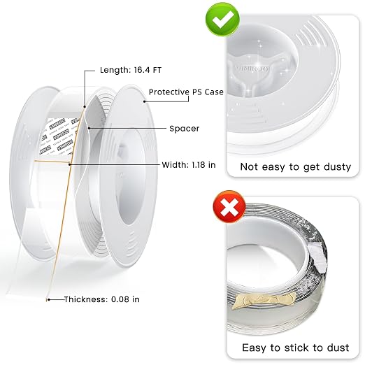 vimiroo 2 Pack Double Sided Tape Heavy Duty, Extra Large 16.4FT Nano Double Sided Mounting Tape, Transparent Strong Removable Adhesive Picture Hanging Strips, Wall Tape Sticky Poster Carpet Decor
