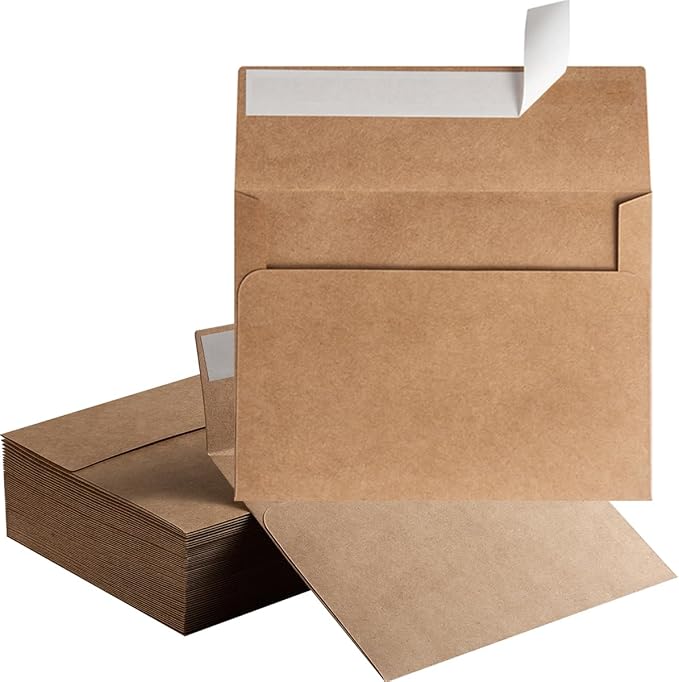 100 Pack A7 Envelopes Self-Adhesive, 5.24 x 7.21 Inches, Brown | 5x7 Envelopes, For Invitations, 5x7 Greeting Cards