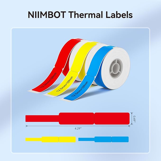 NIIMBOT Cable Label Tape for D110/D11/D101 Label Maker, 3 Colors | 3 Rolls for Red Yellow Blue 12.5 x 109 mm (0.49'' x 4.29''), Thermal Label Tape for Home Office Labeling Tape Replacement