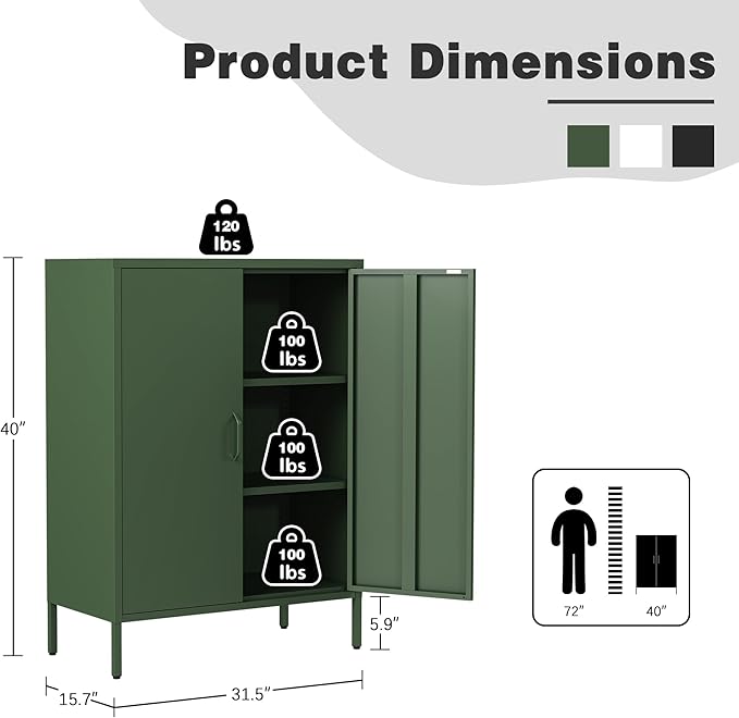 Bevivog Green Metal Locker Cabinet with 2 Doors, Metal Accent Cabinets with 2 Adjustable Shelves Home Office Storage Lockers Sideboard for Kitchen Living Room Hallway Entryway