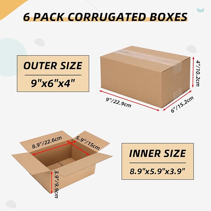 ZBEIVAN Shipping Boxes Mailers 9x6x4 inches Corrugated Cardboard Small Packing Kraft Moving Mailing Box, Pack of 6