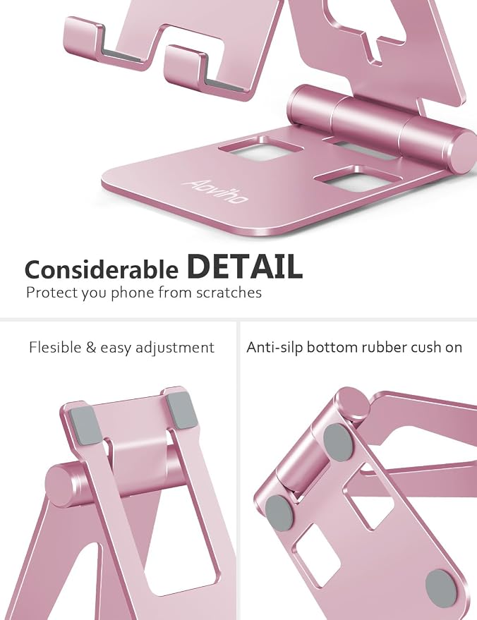 Aoviho Foldable Cell Phone Stand for Desk, Holder for iPhone,Pink | Folds Flat for Easy Storage, Hands-Free Viewing, Fits iPhone 17/16/15 Series & Samsung Galaxy, Ideal for Office & Home