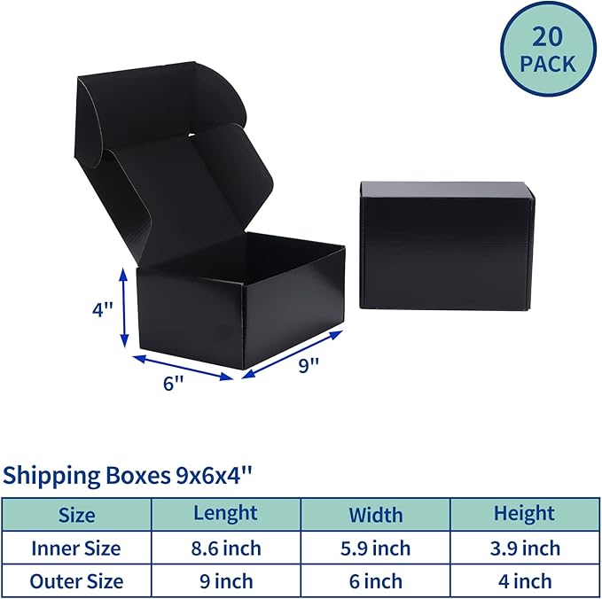 Rempry 9x6x4 Inches Black Shipping Boxes Pack of 20, Small Business Cardboard Mailer Boxes Gift Boxes for Shipping Packaging