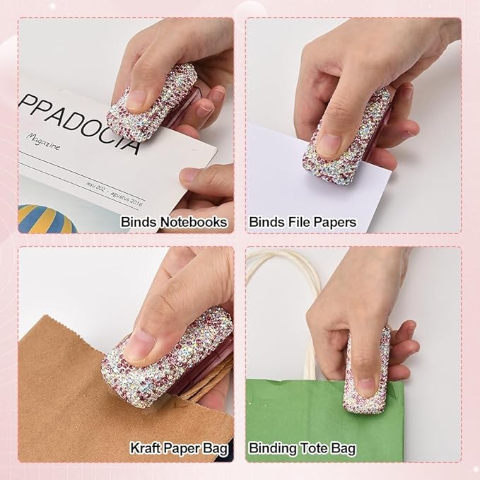 Bling Rhinestone Stapler, Sparkly Diamond Staplers, Cute Desk Stapler for Women & Girls, Bling Crystal Machine Pretty Office Stationery Kit (Pink with AB Color Plated, Small)