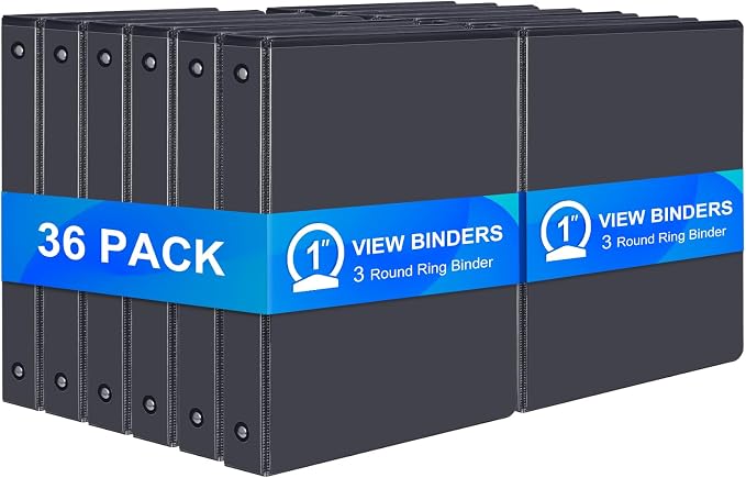 ViVin 1 Inch Binders 3 Ring, Sturdy 3 Ring Binder, 36 Pack Bulk, Black | PVC-Free, Fits 200 Sheets of 8.5'' x 11'' Paper, Clear View Cover, 2 Interior Pockets, Office Home School Use