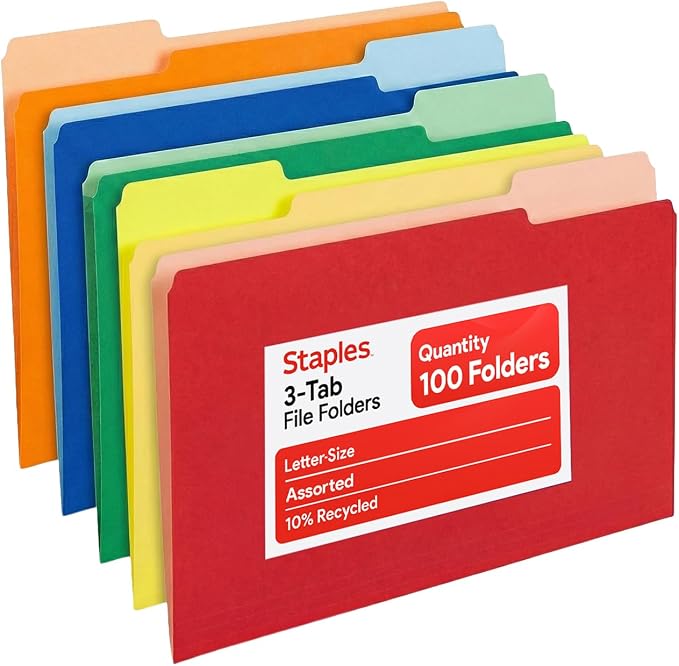Staples Colored File Folders, Letter Size, 3-Tab Top-Tab, 100/Pk | Durable 10.5-point paper stock for everyday office document filing.