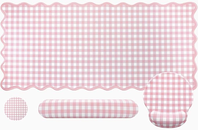 Pink Gingham Desk Mat Set with Wrist Rest, Ergonomic Design, Scalloped Edge Keyboard Mouse Pad Set Large 35.4x15.7 Inch, Memory Foam Wrist Support, Non-Slip Desk Pad Home Office Decor