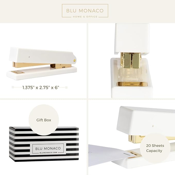 BLU MONACO | White and Gold Stapler | Chic Desktop Stapler with Smooth Metal Mechanism | Stylish Office Supply for Home, School & Work