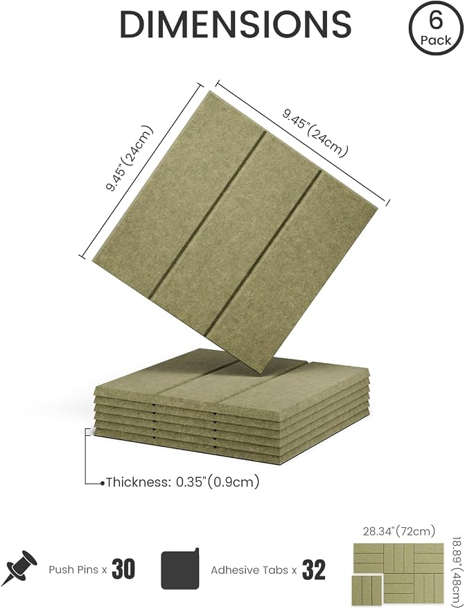 28" x 18" Felt Bulletin Board Tiles, Bold Stripe, Olive Green | 6-Pack Cork Board Alternative, 30 Adhesive Tabs, Push Pin Board, Wall Decor, Office, Home, Classroom, Dorm