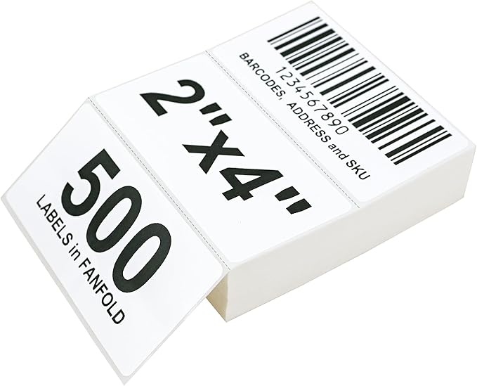 L LIKED 4" X 2" Fanfold Direct Thermal Labels - 500 Total UPC and Shipping Labels Permanent Adhesive Compatible with Zebra, Munbyn, and Rollo Thermal Printers