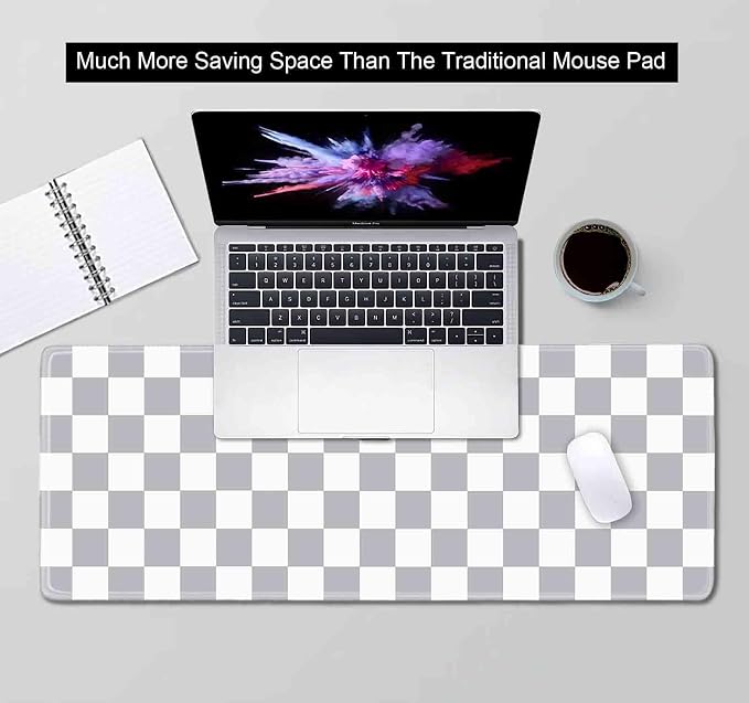 Grey Checkered Desk mat, Boho Gray Pattern Large Mouse Pad, Desk Protector Pad Writing Mat for Work Home Decor, Gaming Mousepad, Big Mouse Mat for Office Computer Laptop, 31.5 X 11.8 in