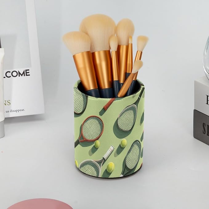 Leather Pen Holder for Desk, Tennis Balls Racket Painted Pencil Cup Pen Organizer Makeup Brush Holder for Office Home Kids Countertop Desk Accessory Storage