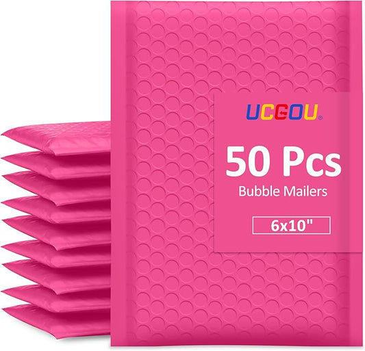 UCGOU Bubble Mailers 6x10 Usable Size 6x9 Bubble Mailers Hot Pink 50 Pack Poly Padded Envelopes Small Business Opaque Self Seal Adhesive Waterproof Boutique Shipping Bag for Jewelry Makeup Supplies #0