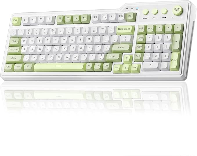 Aula F3099 Wireless Keyboard with Media Knob, Tri-Mode BT5.0/2.4GHz/USB-C Cute Creamy Keyboard with Number Pad, RGB Backlit Gaming Keyboard, Quiet Typing Green Computer Keyboards for Office Laptop/PC