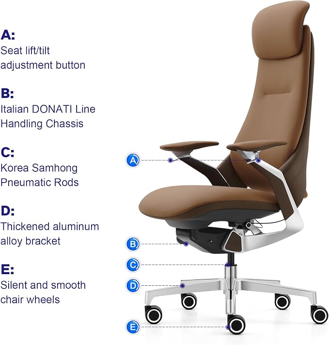 Genuine Leather Executive Office Chair，Top-Grain Cowhide, Ergonomic Design | Adjustable seat and headrest heights, 3-position recline (lockable)—suitable for home offices and high-end office settings.