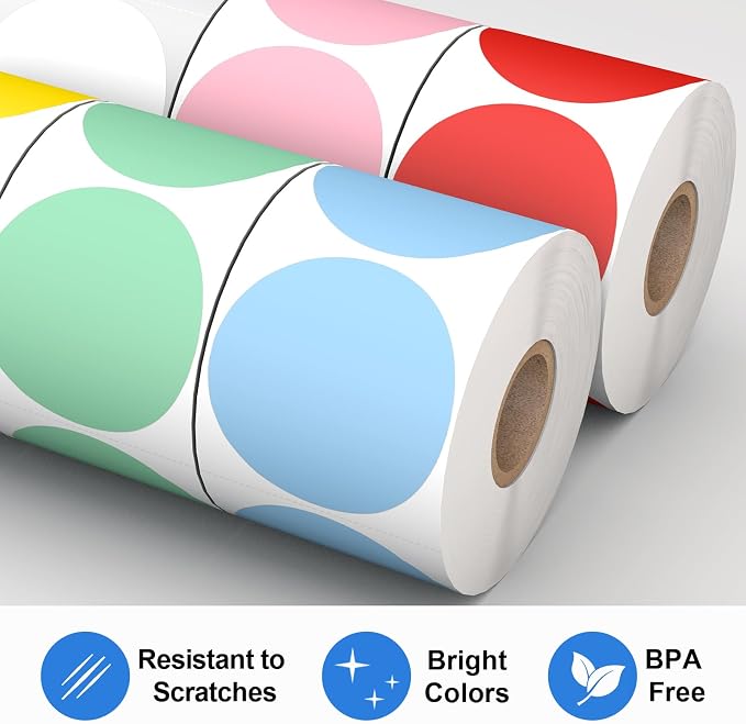 2" Thermal Labels Round - 6 Colors, 6 Rolls - 4500 Circle Labels | 750/Roll, Fit for Rollo/MUNBYN Thermal Printers, 3-Proof & Strong Adhesive, Jam-Free & Easy Peel, Ideal for Business/DIY/Code