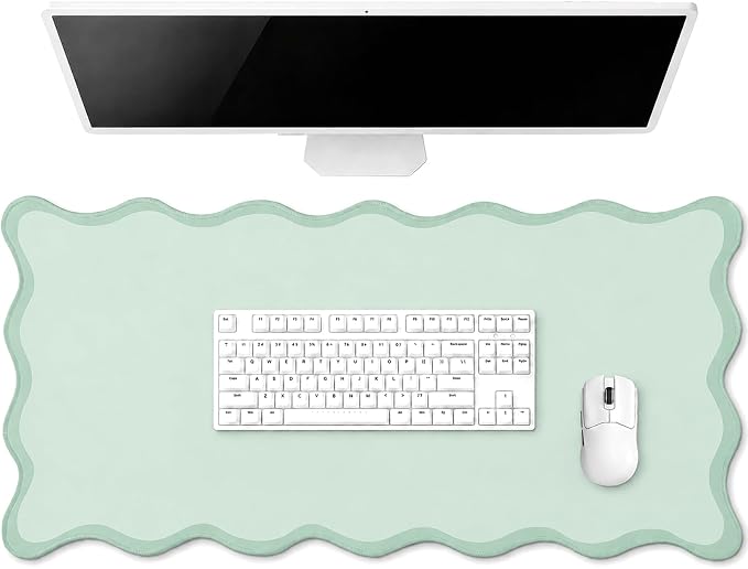 Hahafelt Scalloped Desk Mat Waterproof,Mint Green,31.5 X 15.8 Inches | Coquette Preppy Style for School Office Makeup Vanity, Nonslip Gaming Desktop Protector with Scalloped Stitched Edge Mat