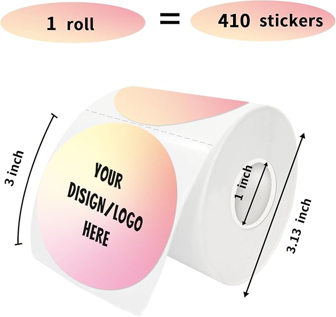 3 Inch Pink Round Thermal Sticker Labels, Self-Adhesive Circle Direct Thermal, Multi-Purpose Roll for DIY Logo Design, QR Code, Name Tag (410 Labels, 1 Roll)