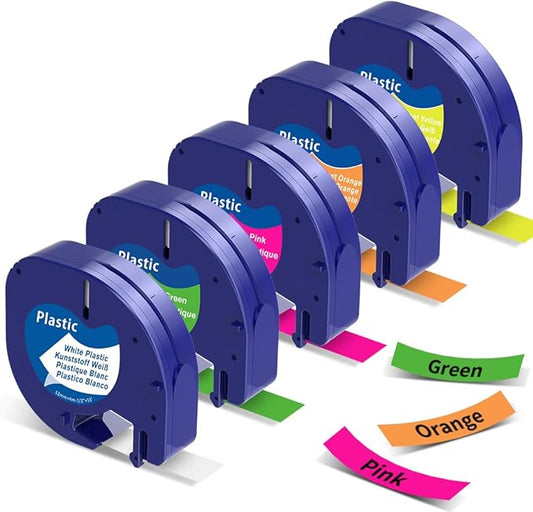 5 Pack Compatible with Dymo Letratag Label Maker Refills 12mm x 4m(1/2" x 13') for Labeler Letra Tag 200B LT 100H 100T Plus, Replacment for Dymo Label Tape Colored Plastic Label Maker Tape