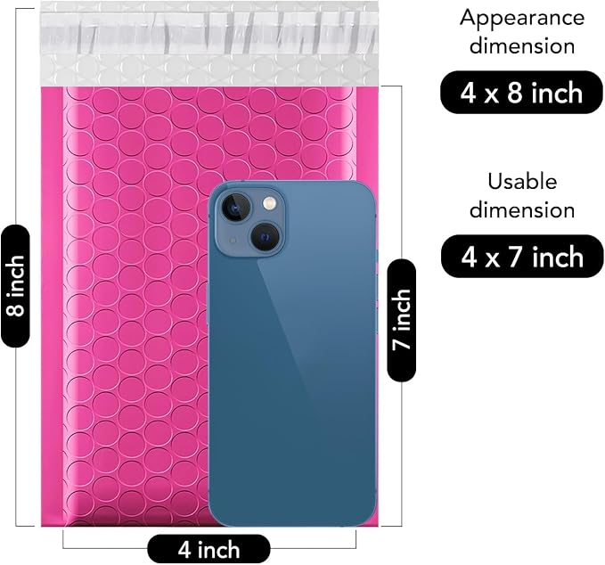 Fuxury Bubble Mailers 4x8" 100 Pack Pink Padded Envelopes Usable Size 4x7” | Small Bubble Envelopes Waterproof Mailing Envelopes Bubble Padded for Trading Cards,Jewelry,Makeup& Small Business,#000
