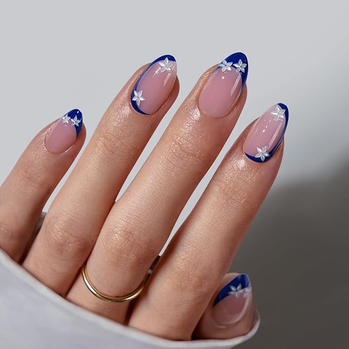 BTArtbox Press On Nails Short - Lamp-Curable Blue French Tip Almond Press On Nails with Glue for Women, Semi-Transparent Soft Gel Glue On Nails in 16 Sizes - 32 Stick On Nails Kit, Blue Blossom