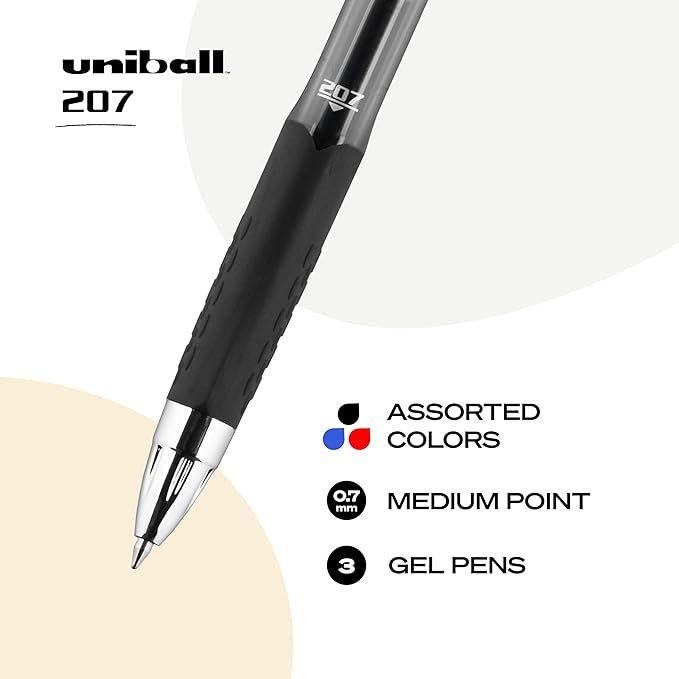 uniball 207 Retractable Gel Pens, Medium Point (0.7mm), Assorted, 3 Pack