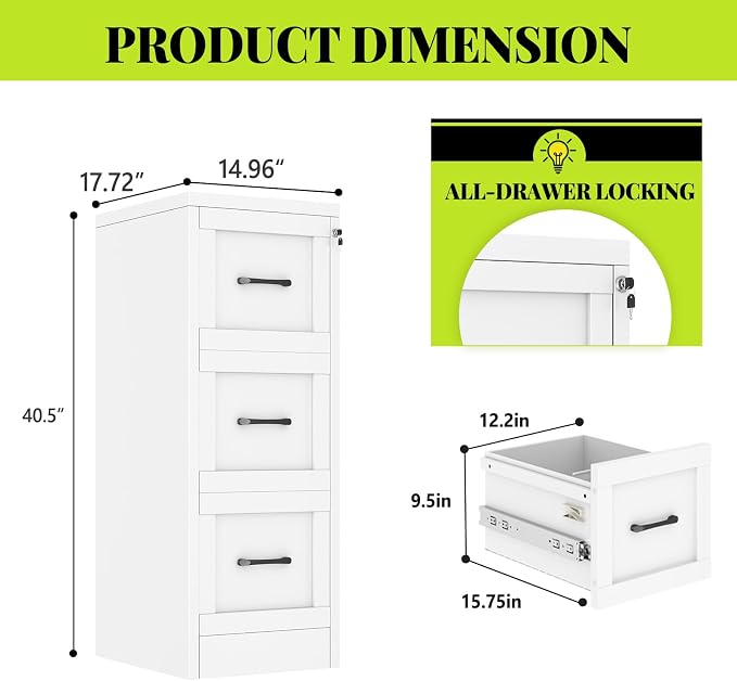 3-Drawer Metal File Cabinet with Lock, Tall Narrow Vertical, White | Tall metal filing cabinet with adjustable rails for Letter, Legal and A4 folders; one lock secures all three drawers
