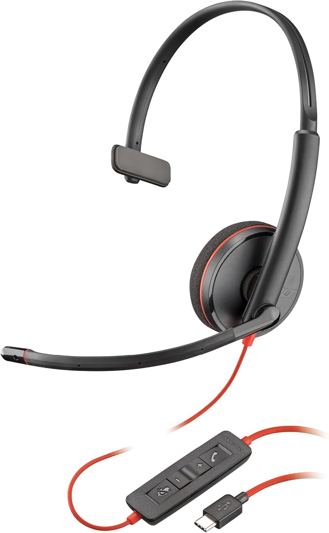 Poly Blackwire 3210 Wired Headset (Plantronics) - Noise-Canceling Mic - Single-Ear Design - Connect to PC/Mac via USB-C or USB-A - Works w/Teams, Zoom - Amazon Exclusive